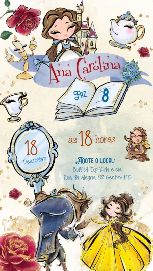 Convite de Aniversário A Bela e a Fera para Editar Online