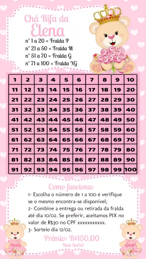 Chá Rifa Ursinha Princesa Editável para Imprimir ou Enviar