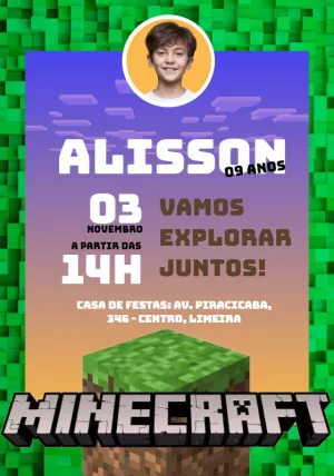 Convite de Aniversário Minecraft com Foto para Editar Online