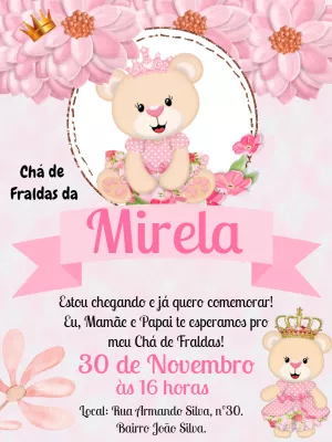 Convite Chá de Fraldas Ursinha Princesa para Editar Online