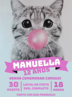 Convite de Aniversário Gatinho com Chiclete para Editar Online