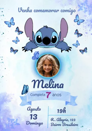 Convite Aniversário Stitch com Foto para Editar Online