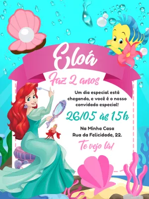 Convite Aniversário Pequena Sereia Ariel para Editar Online
