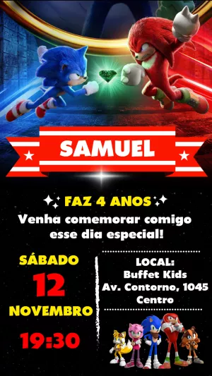 Convite de Aniversário Sonic e Knuckles para Editar Online