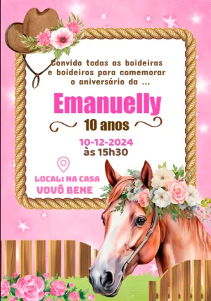 Convite de Aniversário Boiadeira Rosa para Editar Online
