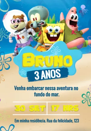 Convite Aniversário Bob Esponja com a Turma para Editar Online