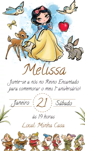 Convite Aniversário Branca de Neve Fofa para Editar Online