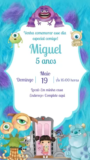 Convite de Aniversário Monstros SA para Editar Online