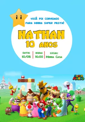 Convite Aniversário Super Mario com Personagens para Editar Online