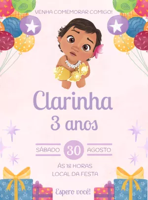 Convite de Aniversário Moana Baby para Editar Online