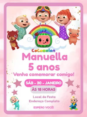 Convite de Aniversário Cocomelon Rosa para Editar Online