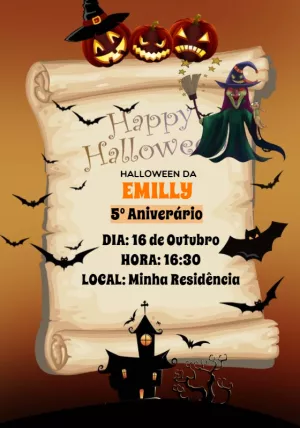 Convite de Aniversário Halloween com Bruxas para Editar Online