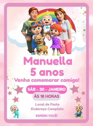 Convite de Aniversário Cocomelon com Personagens para Editar