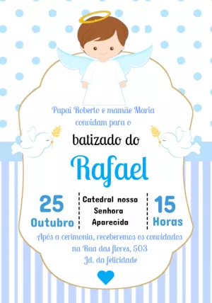 Convite de Batizado Menino Anjo Azul para Editar Online