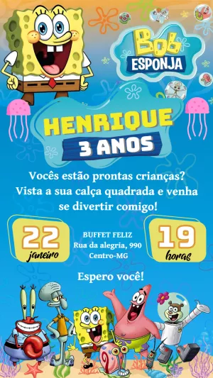 Convite de Aniversário Bob Esponja para Editar Online