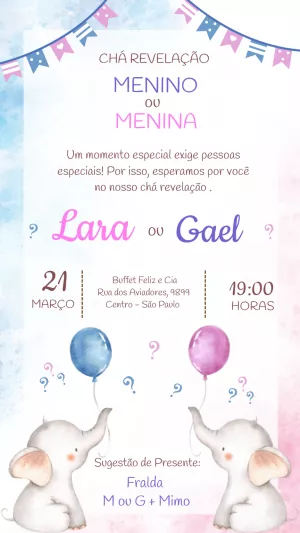 Convite Chá Revelação Elefantinhos para Editar Online