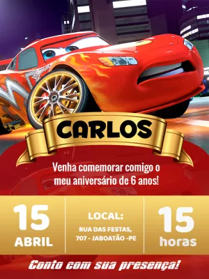 Convite Aniversário Carros do Relâmpago McQueen Editável Online