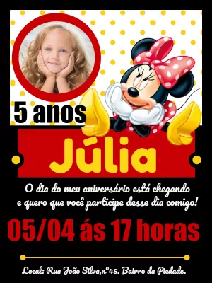 Convite de Aniversário Minnie com Foto para Editar Online