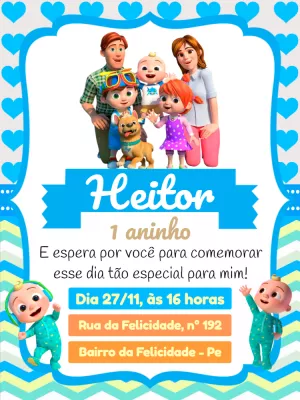 Convite de Aniversário Cocomelon com a Turma para Editar Online