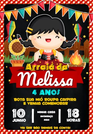 Convite Aniversário Festa Junina Menina Caipira para Editar