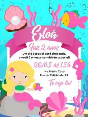 Convite de Aniversário Sereia Fundo do Mar para Editar Online