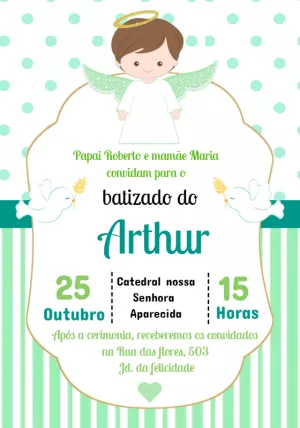 Convite Batizado Menino Anjo Verde Editável para Imprimir