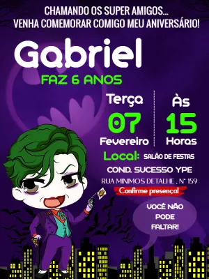 Convite de Aniversário do Coringa Baby Editável Online