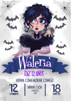 Convite Aniversário Wandinha Addams para Editar Online