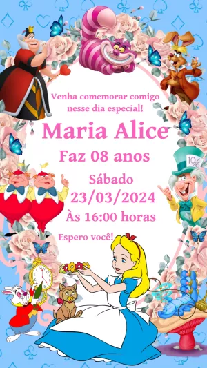 Convite Aniversário Alice no País das Maravilhas para Editar Online