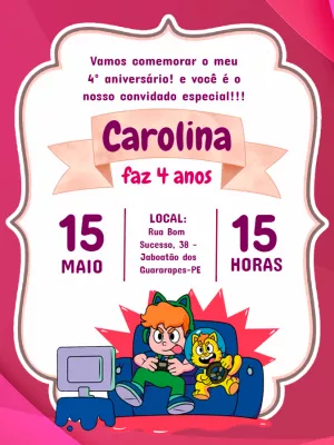 Convite Aniversário Gato Galáctico Gamer para Editar Online