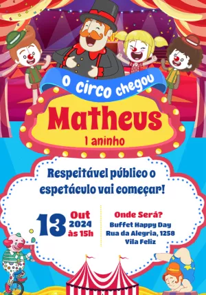 Convite Aniversário Circo do Mundo Bita para Editar Online