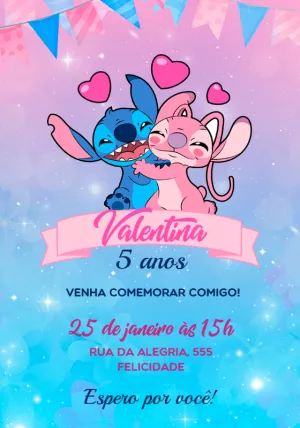 Convite de Aniversário Stitch e Angel para Editar Online