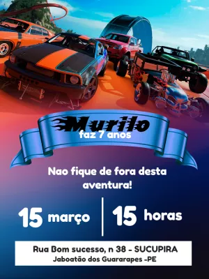 Convite de Aniversário Carros de Corrida para Editar Online