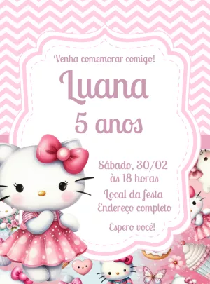 Convite Aniversário Hello Kitty Rosa para Editar Online