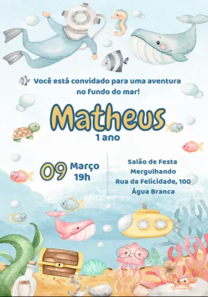 Convite Aniversário Fundo do Mar Aquarela para Editar Online