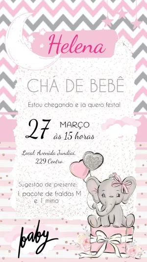 Convite Chá de Bebê Elefantinha Rosa e Cinza para Editar