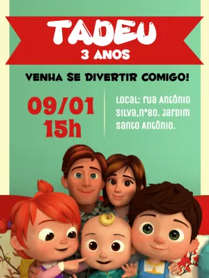 Convite de Aniversário Cocomelon com a Família para Editar Online