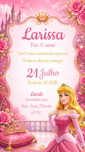 Convite Aniversário Princesa Aurora Rosa e Dourado Editável
