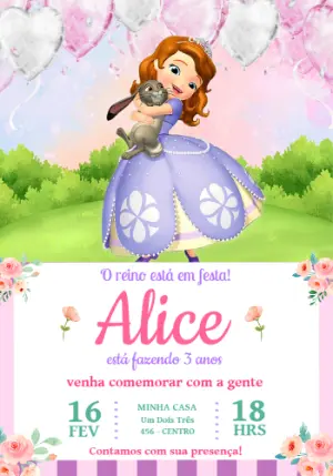 Convite de Aniversário Princesa Sofia Lilás e Rosa Editável