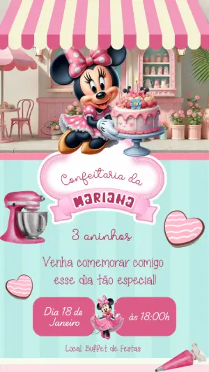 Convite Aniversário Confeitaria da Minnie para Editar Online