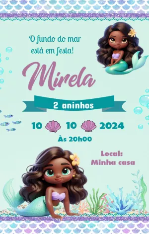 Convite Aniversário Pequena Sereia Negra para Editar Online