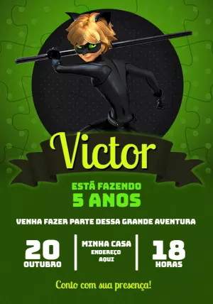 Convite Aniversário Cat Noir para Editar Online