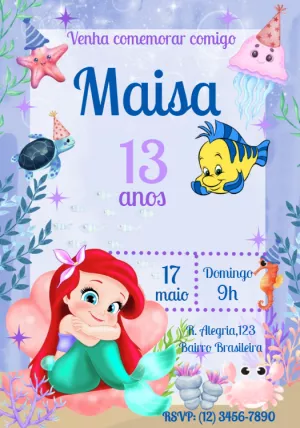 Convite Aniversário Pequena Sereia Ariel para Editar Online