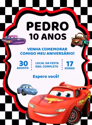 Convite de Aniversário Carros com Relâmpago McQueen para Editar