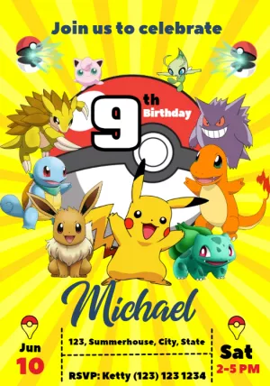 Pokémon Birthday Invitation with Characters to Edit Online