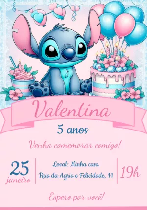 Convite de Aniversário Stitch Rosa e Azul para Editar Online