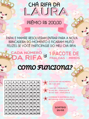 Convite Chá Rifa Ursinha Princesa para Editar Online