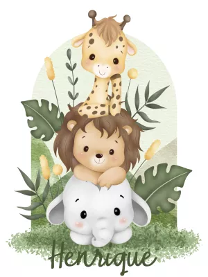 Quadro Safari Aquarela com Animais Bebês para Editar Online