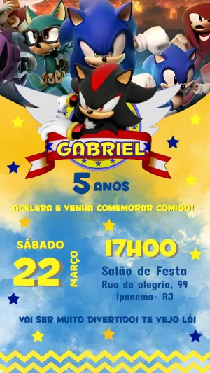 Convite Aniversário Sonic com Personagens para Editar Online