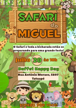 Convite Aniversário Safari com Animais para Editar Online